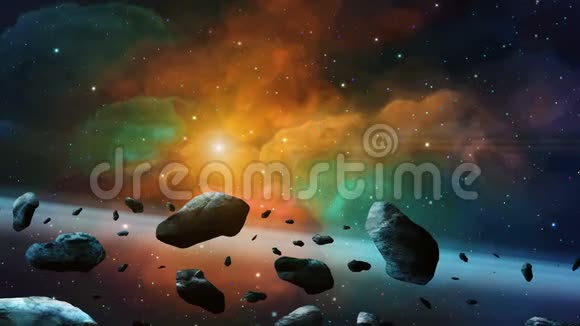 太空场景小行星飞行着五颜六色的星云和恒星美国宇航局提供的元素3D绘制视频的预览图