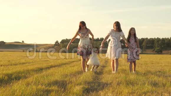 母亲和小女儿带着姐妹在公园散步幸福的年轻家庭带着孩子走在夏日的田野上视频的预览图