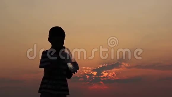 日落时分男孩喝着瓶子里的水剪影茶壶视频的预览图