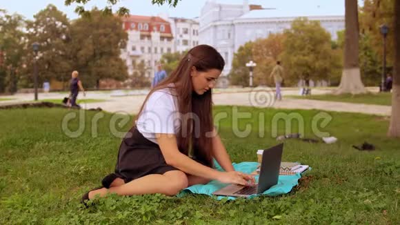 有魅力的女孩在户外使用电脑视频的预览图