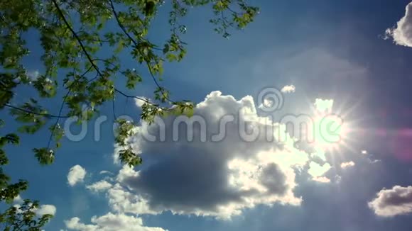 在明亮的蓝天上缓慢移动的云与太阳树枝在框架的角落里静态射击视频的预览图