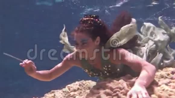 在红海珊瑚的背景下身穿仙女服装的水下潜水员模型视频的预览图