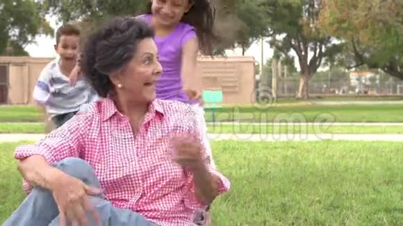 带着孙子的祖母在公园的慢动作镜头视频的预览图