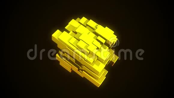 黄色的抽象心脏由移动的小矩形块组成在黑色背景上旋转无缝视频的预览图