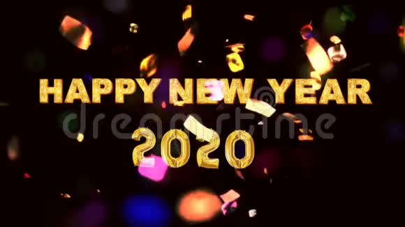 文字快乐新的2020年与彩色丝带上的黑色背景视频的预览图