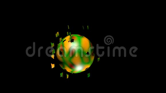 彩色球体在黑色背景上破碎和爆炸充满迷幻色彩的彩球科幻动画视频的预览图
