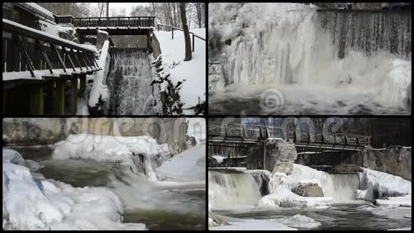 溪瀑瀑布瀑布复古桥冰冻冰冰冬天视频的预览图