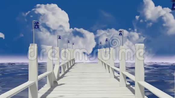白色的码头在蓝色的海洋上空飞行伴随着白云的时间流逝视频的预览图
