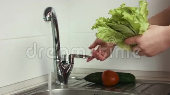 女人做饭前在厨房里洗生菜叶和其他蔬菜视频的预览图