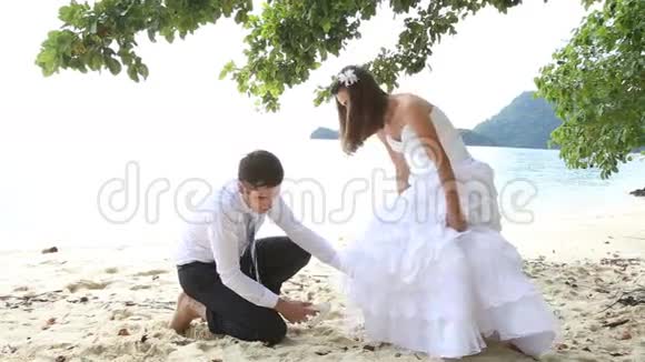 新郎在沙滩上的树下穿上长毛新娘的鞋子视频的预览图