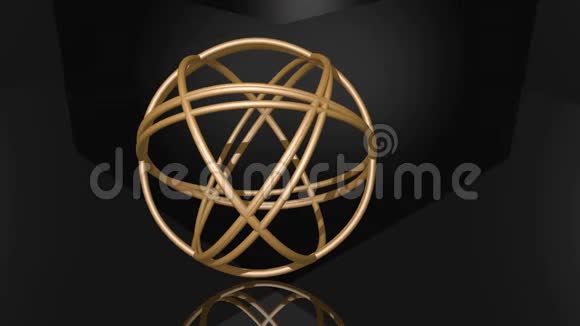 由金环组成的金球形结物体在黑色背景上旋转不均匀几何体的镜像视频的预览图
