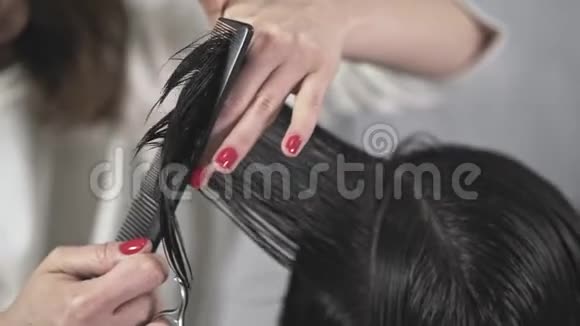 一位年轻的专业理发师的手在剪客户的深色长发视频的预览图