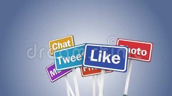 路标上的社交网络术语比如在彩板上的推特聊天帖子视频的预览图
