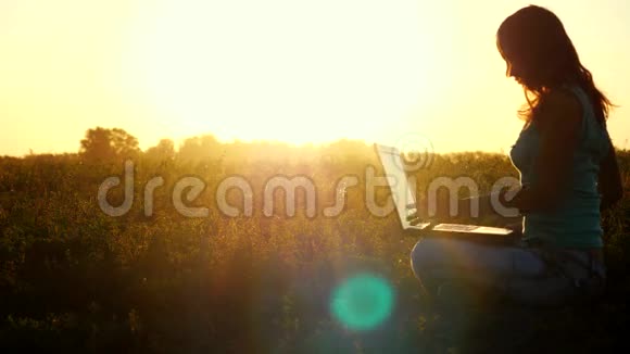 年轻的白种人黑发女人在户外的一台笔记本电脑上打字在美丽的夕阳下坐在草地上带着令人惊叹的光泽视频的预览图