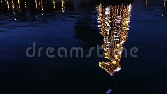 在水中映出的受光照装饰的新年树视频的预览图