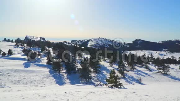 阳光明媚的一天山上的高原在雪地里视频的预览图
