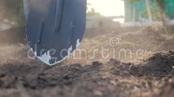 农夫用铲子挖地用花园铁锹特写慢动作录像农夫在花园里干活视频的预览图