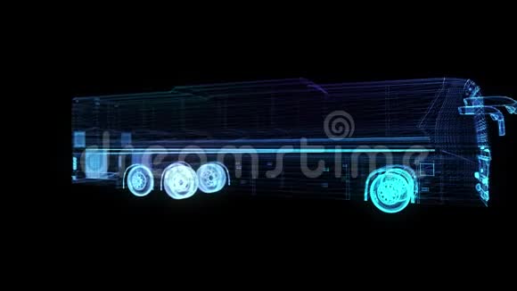 城市巴士卡车三维模型总线的发光点和线形成旋转无缝回路4k动画数字数字视频的预览图