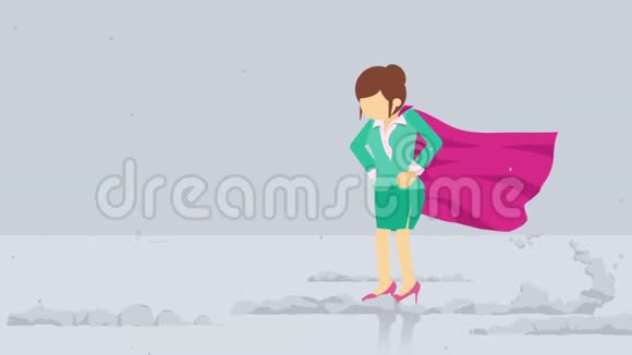 站在一团尘土旁边的超级英雄商业女性的象征领导力和挑战理念漫画循环动画视频的预览图
