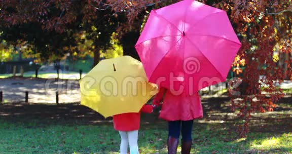 母女俩在伞下一起在公园散步视频的预览图
