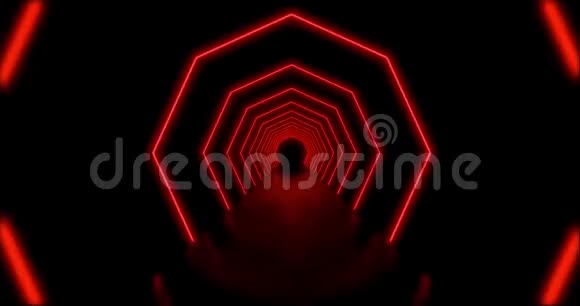 红色霓虹灯技术八角形发光路径或激光走廊4k视频的预览图
