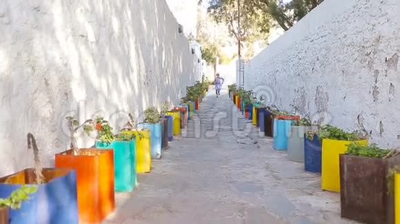 在典型的希腊传统村庄的街道上穿着漂亮的女孩在米科诺斯岛有白色的墙壁和五颜六色的门视频的预览图