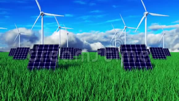 用太阳能电池和风车三维渲染生态绿色景观计算机生成背景视频的预览图