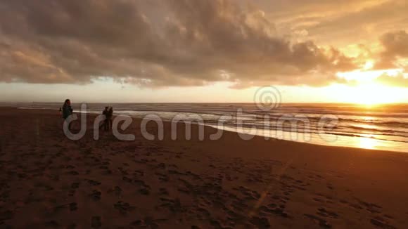家庭在日落海沙滩视频的预览图