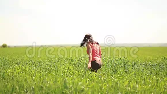 女孩在绿色的田野里跳舞视频的预览图