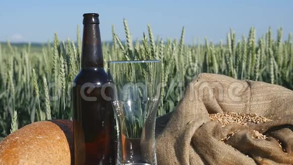 8月的晴天多云多风的麦田里的面包克瓦斯和一袋小麦视频的预览图