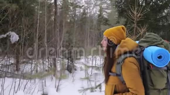 女游客走在冬天的森林路上肩上背着一个背包视频的预览图