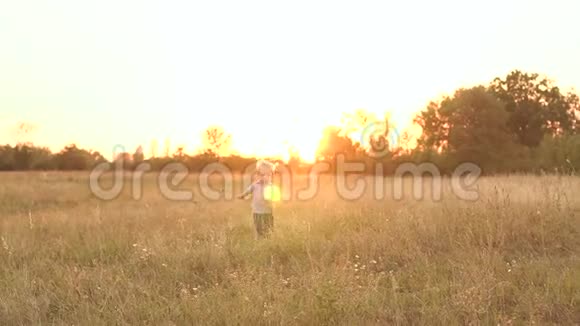 日落时分小男孩在公园的草地上奔跑视频的预览图