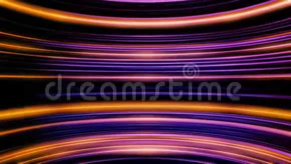 抽象的未来主义橙色和紫色霓虹灯弯曲线条闪烁在黑色背景运动平面设计动画视频的预览图