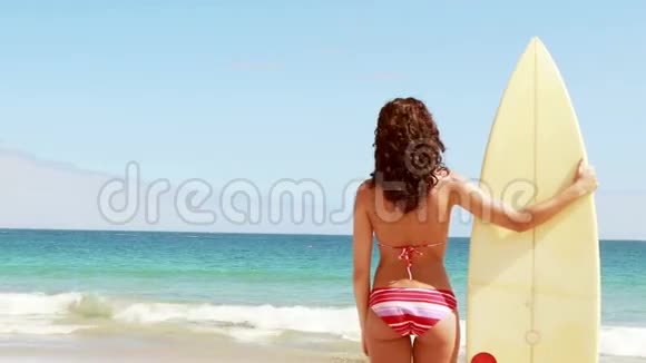 漂亮的黑发女人去冲浪视频的预览图