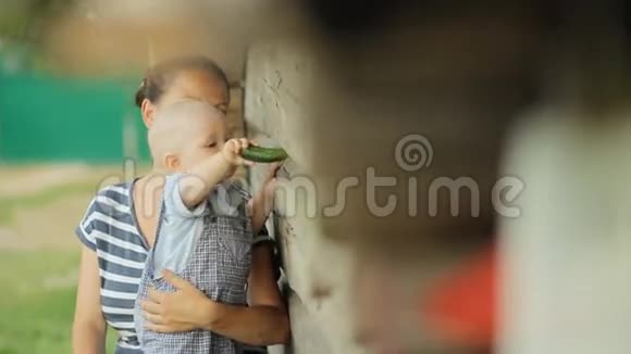 漂亮的小男孩坐在妈妈的手上吃黄瓜在老木屋附近视频的预览图