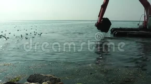 挖掘机在海上工作清除海洋废弃物污染视频的预览图