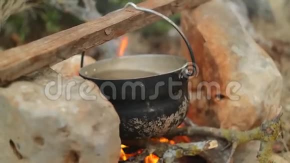 在雾蒙蒙的森林里的篝火上做饭视频的预览图