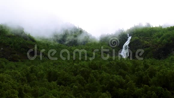山间绿林中的瀑布景观夏日雾自然没有人绿色视频的预览图