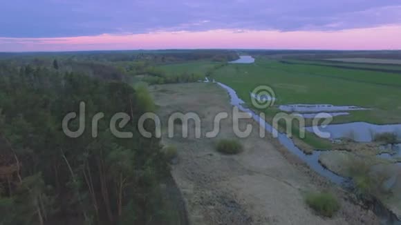 空中观景台在松林附近的河流上空飞翔视频的预览图