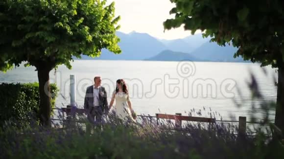 新娘和新郎在湖边相亲相爱视频的预览图