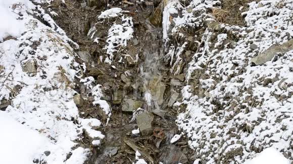 在白雪覆盖的小山溪上流淌视频的预览图