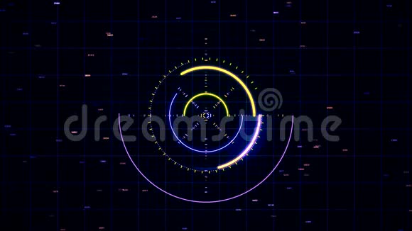 数字生成的具有黄色和蓝色辉光的目标系统动画和运行在黑色上的程序代码视频的预览图