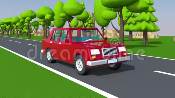 一辆红色汽车开在郊区公路上视频的预览图
