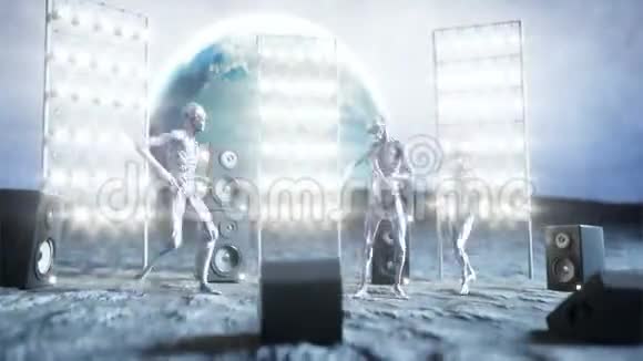 有趣的外星人在月球上跳舞不明飞行物概念地球在背景上太空派对逼真的4K动画视频的预览图