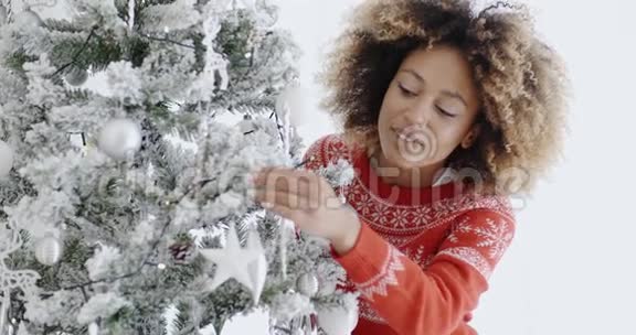 为圣诞节准备圣诞树的漂亮女人视频的预览图