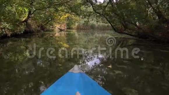 独木舟漂浮在森林河里视频的预览图