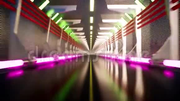 金属隧道上灯光背景进行游戏背景设计未来宇宙飞船内部走廊太空船内部实验室视频的预览图