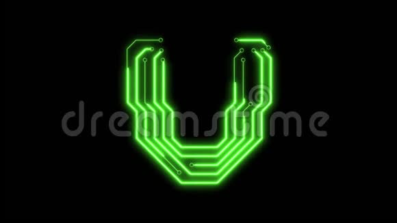 动画绿色霓虹灯发光字母V作为电路板风格视频的预览图