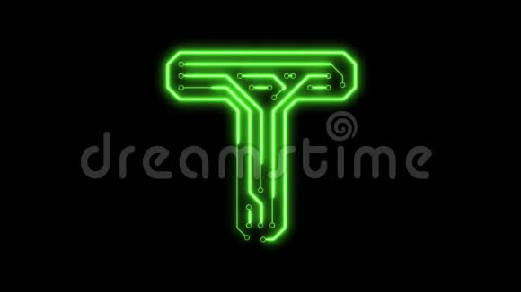 动画绿色霓虹灯发光字母T作为电路板风格视频的预览图