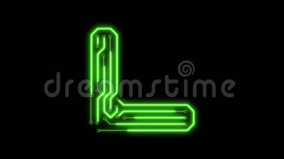动画绿色霓虹灯发光字母L作为电路板风格视频的预览图
